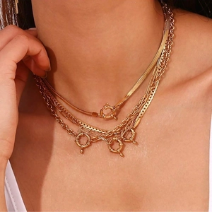 Three-layer 18K gold plated stainless steel necklace with snake and paperclip chains