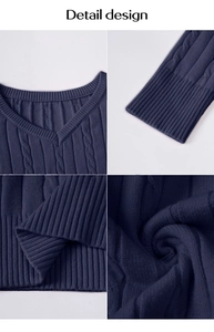 Detail view of V-neckline and cable knit texture on dark blue long sleeve sweater