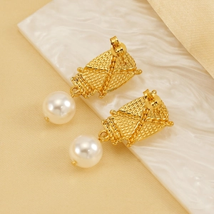 Elegant 18K gold-plated titanium steel pearl drop earrings with textured woven relief design