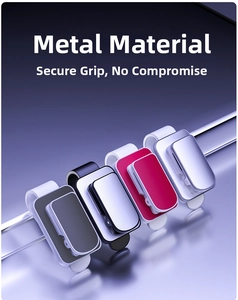 Detailed view of metal car sunglass clips in grey, silver, red and purple colors