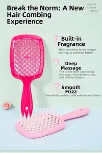 Close-up of the hollow grid design and massage pins on this pink scented hairbrush