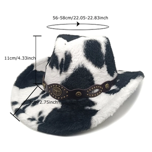 Western-Cowboyhut mit Kuhmuster-Kunstfell, Bullenkopf-Emblem und braunem Lederband