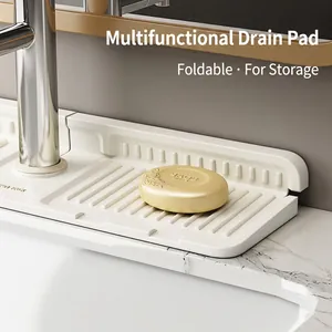 Foldable silicone kitchen sink drain rack with drainage grooves and soap holder