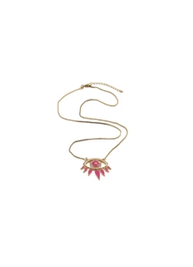 Close-up of pink evil eye pendant necklace with gold chain and sparkling crystal accents