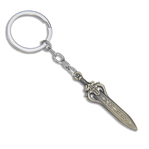 Vintage bronze sword keychain accessory with silver ring on plain white background