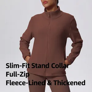 Women's Fleece Lined Sports Jacket Stand Collar Zipper Yoga Top Polyester Spandex Thermal Running Workout Coat Slim Fit Top