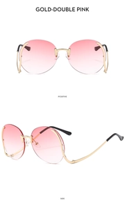 Detailed front and side views of rimless round sunglasses with pink gradient lenses