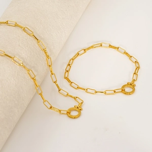 Detail of gold paperclip link necklace and bracelet set with round spring clasp