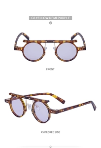 Front and side view of small round sunglasses with demi yellow frame and purple lenses