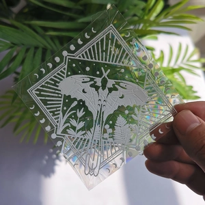 Close-up of holographic moth window sticker prism showing vibrant rainbow light effects