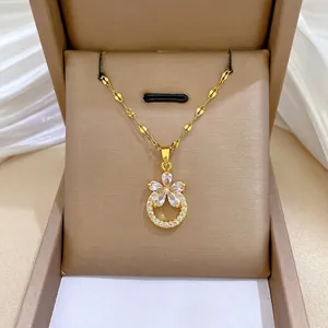 Flower Ring Pendant Necklace With Stainless Steel Chain Gold Plated Copper Cubic Zirconia For Women Elegant Jewelry