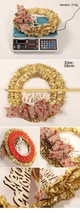 Detail view of 38cm Christmas wreath showing weight measurement and bow craftsmanship