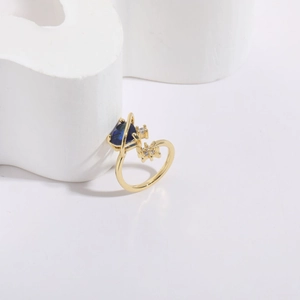 Minimalist 14K gold plated open ring with blue heart zircon and star celestial design