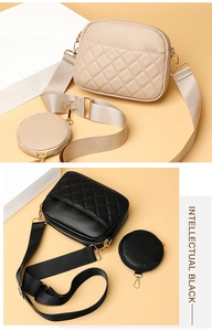 Close-up of quilted crossbody bag set with small round coin purse and gold hardware