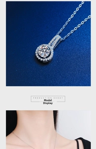 Macro view and model shot of silver halo pendant necklace with round 2ct moissanite