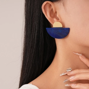 Minimalist vintage blue acrylic semicircle stud earrings with gold metal accents