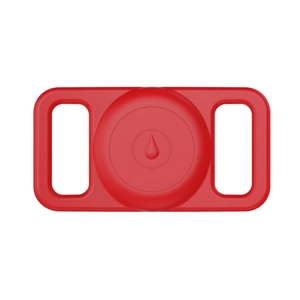Close-up of red silicone waterproof AirTag holder for pet collar with double-wing design
