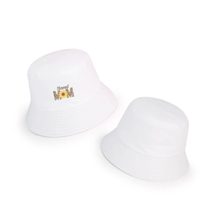 White cotton bucket hat for women with leopard print Blessed MOM and sunflower design