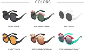 Detailed grid of oversized cat-eye sunglasses showcasing six vibrant color combinations