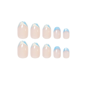 Classic French blue marble pattern oval press on nails set with glossy nude finish