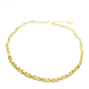 Detailed macro of gold plated infinity links with cubic zirconia on a necklace chain