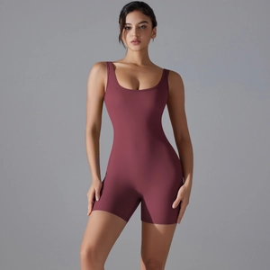 Close-up of wine red V-waist unitard with wide straps and high-elastic matte fabric