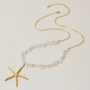 Gold-plated stainless steel starfish necklace with irregular white beads for women