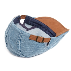 Vintage light blue washed denim newsboy cap with brown faux suede peak and metal buckle