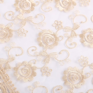 Exquisite gold embroidery lace fabric detail, elegant floral pattern for home decor.