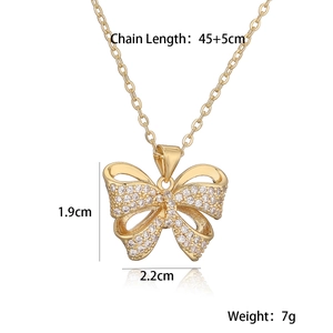 Detailed dimensions of gold bow pendant necklace with clear zircon and chain length 45+5cm