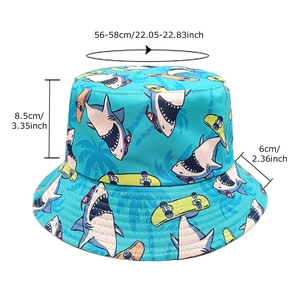 Blue shark print reversible bucket hat with outdoor sun protection and dimension markers