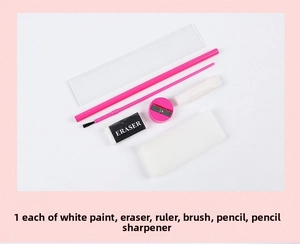 Detailed view of 6-piece pink stationery art set including ruler, eraser and brush