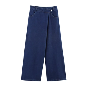 Jean En Denims Croisé À Taille Haute Pour Femmes Pantalon Large Bleu Délavé Coton Rétro Décontracté Streetwear