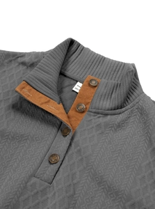 Detail of grey men's stand collar shirt featuring jacquard texture and metallic buttons