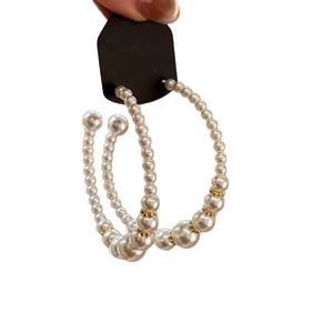 French vintage silver needle C-shaped hoop earrings with graduated white pearls