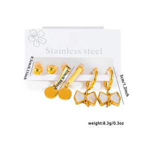 Three-pair gold stainless steel earring set with ball studs and bow shell pendants