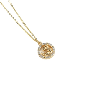 Golden necklace with leopard head pendant and white crystal halo on white background