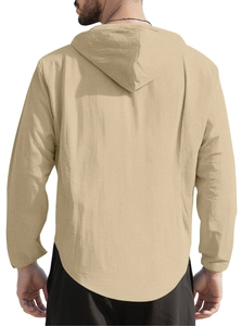 Back view of a beige hooded linen shirt for men featuring a curved hem and relaxed fit