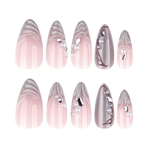 French cat-eye press-on nails with 3D water ripple, pearls, and rhinestones in almond shape