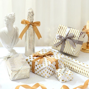 Metallic Gold Foil Gift Wrapping Paper Roll Geometric Dots Stripes Heart Patterns For Birthday Wedding Holiday Party