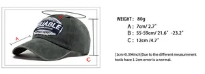 Size chart showing baseball cap dimensions including head circumference and brim length