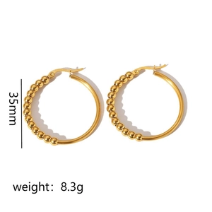 Detail view of 35mm 18K gold stainless steel beaded hoop earrings with size and weight specs