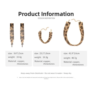Detail view showing dimensions of leopard print jewelry set with rhinestones and tassels