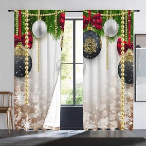 Detail of Christmas curtains with green pine branches, red bows and golden ornaments
