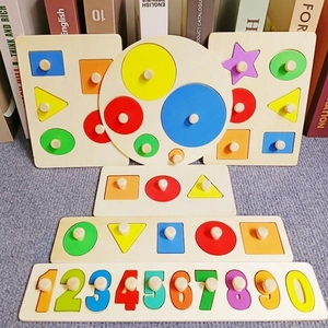 Educational wooden montessori puzzle set with colorful geometric shapes and numbers