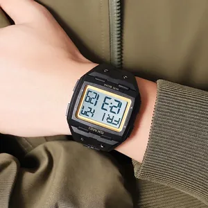Classic square men's digital sports watch with gold-tone bezel and black resin strap