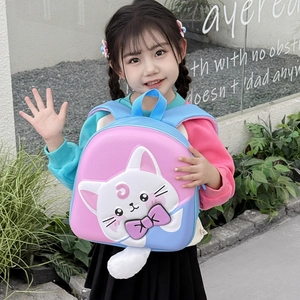 Cute kids cartoon 3D cat backpack with plush tail in pink and blue for school boys and girls