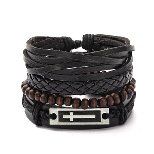 Mehrlagiges Lederarmband-Set für Herren mit Holzperlen und Metallkreuz-Akzent
