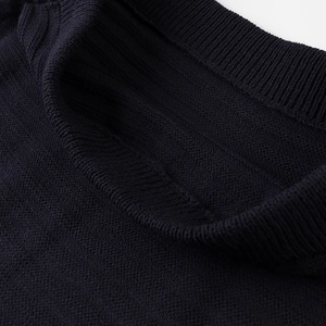 Close-up of the ribbed crew neck and fine knit texture on the navy blue sweater set