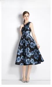 Close-up of sleeveless floral jacquard dress with fitted waist and silky texture